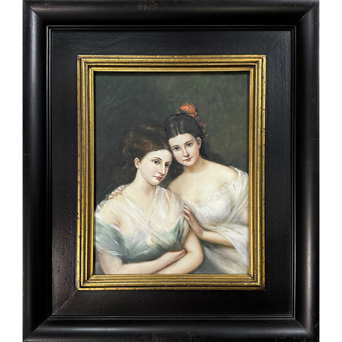 Oil on Canvas A Double Portrait of Two Young Ladies after Hermann Winterhalter Vintage Decorative Painting