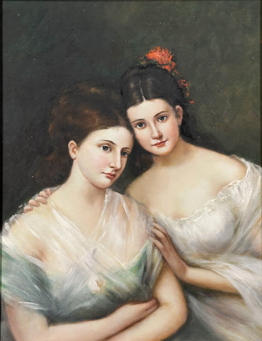 Oil on Canvas A Double Portrait of Two Young Ladies after Hermann Winterhalter Vintage Decorative Painting