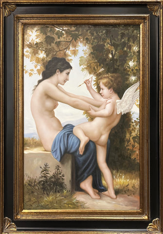 Oil on Canvas Young Girl Defending Herself Against Eros After William-Adolphe Bouguereau