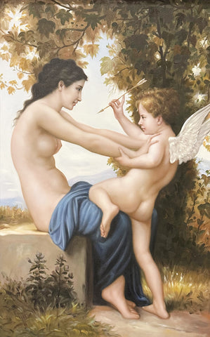 Oil on Canvas Young Girl Defending Herself Against Eros After William-Adolphe Bouguereau