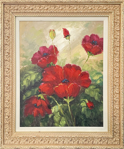 Oil on Board Red Poppy Flowers Decorative Painting