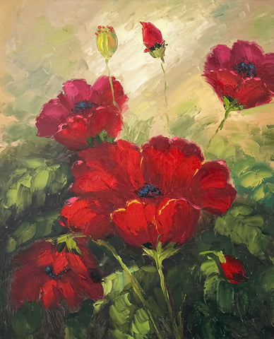 Oil on Board Red Poppy Flowers Decorative Painting