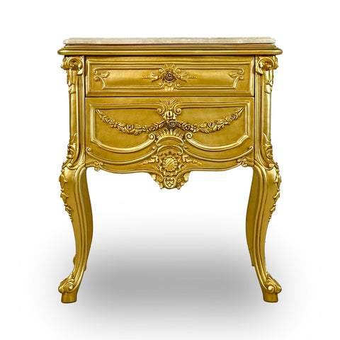 Antique Finish Night Stand with Marble Top Gold Leaf