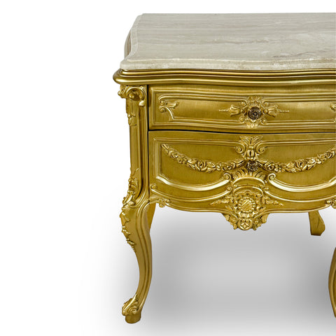 Antique Finish Night Stand with Marble Top Gold Leaf