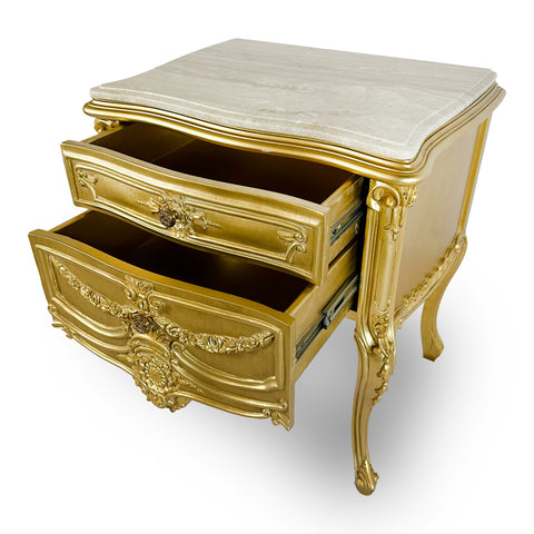 Antique Finish Night Stand with Marble Top Gold Leaf