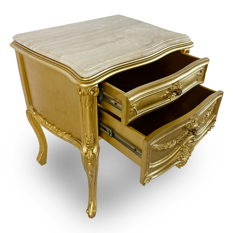 Antique Finish Night Stand with Marble Top Gold Leaf