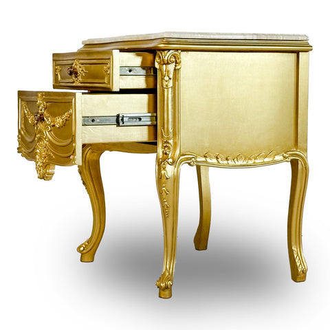 Antique Finish Night Stand with Marble Top Gold Leaf