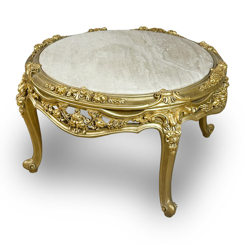 Antique Finish Hand Curved Round Coffe Table with Marble Top Gold Leaf