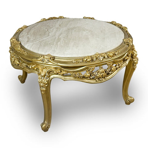 Antique Finish Hand Curved Round Coffe Table with Marble Top Gold Leaf