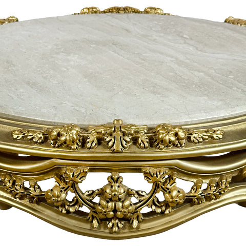 Antique Finish Hand Curved Round Coffe Table with Marble Top Gold Leaf
