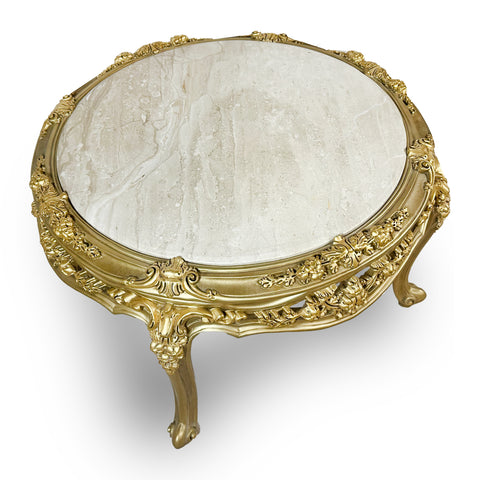 Antique Finish Hand Curved Round Coffe Table with Marble Top Gold Leaf
