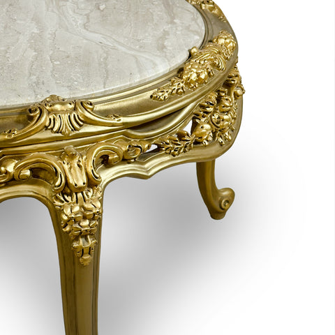Antique Finish Hand Curved Round Coffe Table with Marble Top Gold Leaf