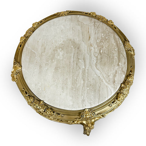 Antique Finish Hand Curved Round Coffe Table with Marble Top Gold Leaf