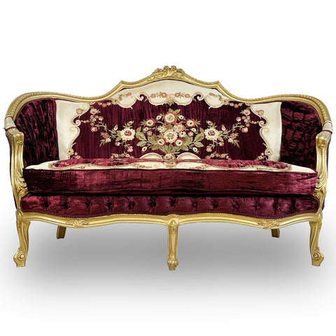 Antique Finish 5 Piece Sofa Set Gold Leaf Velvet & Indian Embroidered Fabric
