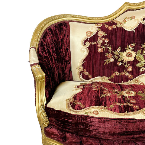 Antique Finish 5 Piece Sofa Set Gold Leaf Velvet & Indian Embroidered Fabric