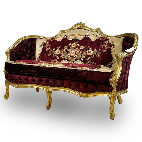 Antique Finish 5 Piece Sofa Set Gold Leaf Velvet & Indian Embroidered Fabric