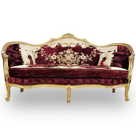 Antique Finish 5 Piece Sofa Set Gold Leaf Velvet & Indian Embroidered Fabric