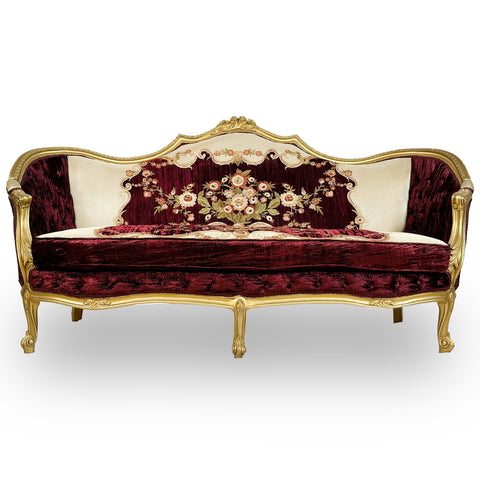 Antique Finish 5 Piece Sofa Set Gold Leaf Velvet & Indian Embroidered Fabric