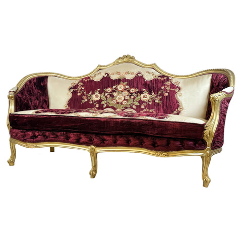 Antique Finish 5 Piece Sofa Set Gold Leaf Velvet & Indian Embroidered Fabric